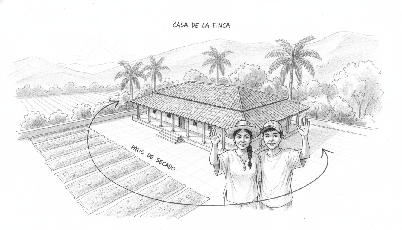 Órbita de dron sobre la casa de la finca y el patio de secado