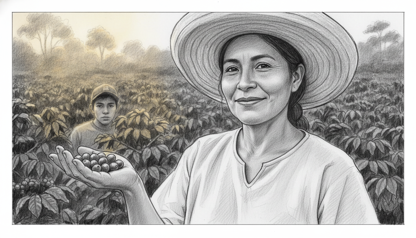 Primer plano de la productora con granos de café en la mano